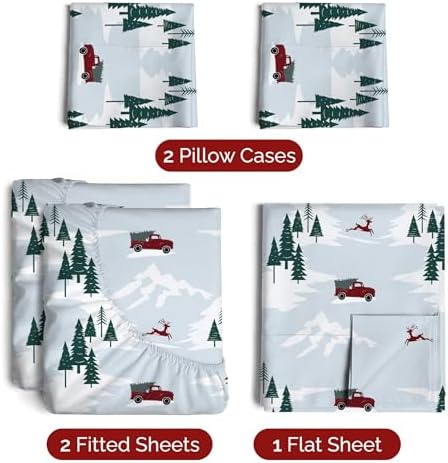Christmas Sheet Set, Pickup Trucks, Holiday Xmas Bedding Set - Split King