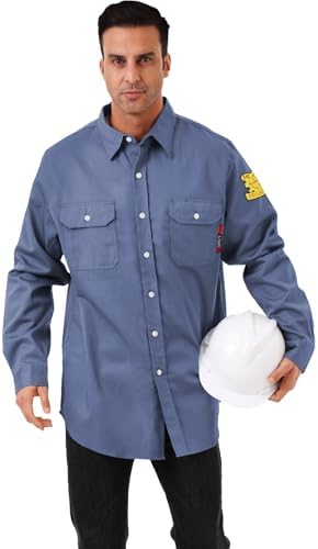 FR Shirts for Men 7oz Hi Vis Fire Resistant Shirts CAT2 Welding Shirt 100% Cotton Flame Resistant Shirt Light Blue(Medium)