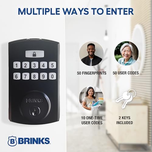 Brinks Fingerprint Door Lock, Keyless Entry Biometric Lock, Electronic Keypad Fingerprint Deadbolt with Auto-Locking, Front Door Lock and Interior Knob Set, Easy Installation, Matte Black