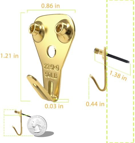 Picture Hangers Heavy Duty, Extra Thick, 50 lb, Decorative Hanging Hooks Hardware for Drywall and Plaster Walls with Large Nailers and Nails, Painting, 40pcs, Gold