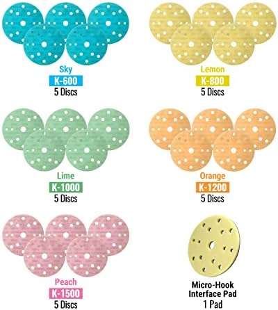 Super Assilex Flexible Sanding Disc Starter Kit, 15 Holes, SP19315, K600 - K1500, 25 Discs + 1 Micro-Hook Interface Pad