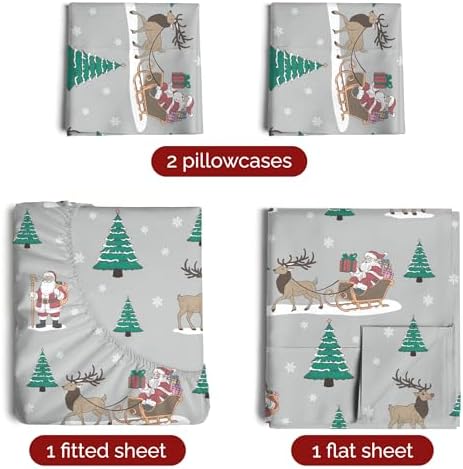 Christmas Sheet Set, Santa’s Sleigh, Holiday Xmas Bedding Set - King Size