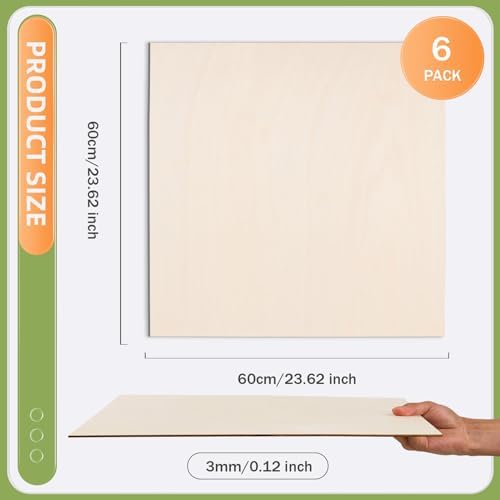 AWIZOM 6 Pack Basswood Sheets for Crafts-24 x 24 x 1/8 Inch- 3mm Thick Plywood Sheets with Smooth Surfaces Unfinished Wood Boards for Laser Cutting, Wood Burning, Architectural Models, Staining