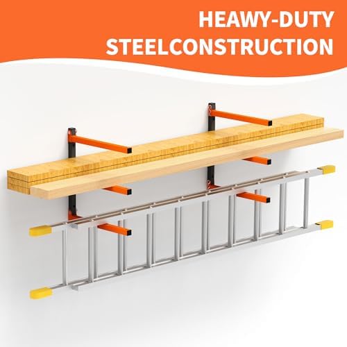 Homydom Heavy Duty Wall Mounted Lumber Storage Rack, 3-Level, 4 Pack Metal Garage Shelving System for Wood, Pipes & Skis, 300 Lbs Capacity Organizer Bracket (Black/Orange)