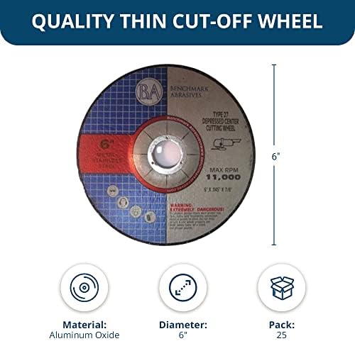 Benchmark Abrasives 6 Inch Aluminum Oxide Depressed Center Thin Type 1 Grinder Cut Off Wheels for Metal and More - .045" Thick 7/8" Arbor, Angle Grinder Cutting Disc, Grinding Cutting Wheel - 25 Pack