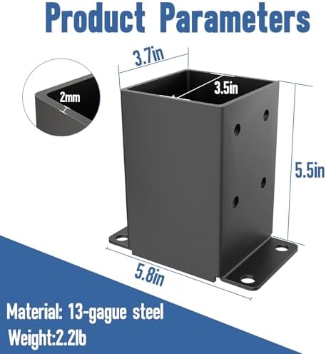 4x4 Post Base 2 Pcs, Heavy Duty Post Anchor with Anti-Corrosive Partition, Inner Size 3.5"x3.5", 13 Gauge Thick Solid Steel, Rust-Proof Powder-Coated Wood Fence Post Brackets for Support Deck, Pergola