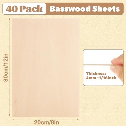 MIVIDE 40 Pack Basswood Sheets, 8"x12" Craft Plywood Sheets, 2mm Basswood for Laser Cutting, Plywood Board Unfinished Wood for Crafts DIY Ornaments and Models Engraving Drawing