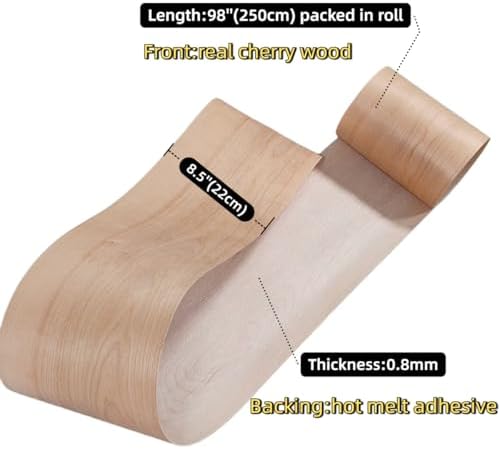 Cherry Wood Veneer Sheet,Flat Cut,8.5''x 98'',Iron On Stick Veneer Roll Without Paper,Pre-glued Hot Melt Self Adhesive Cherry Tape for Cabinet Furniture Plywood Laminate Speaker Renovation