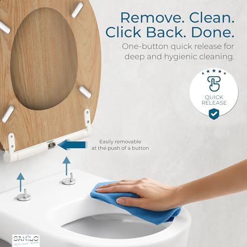 Sanilo Wooden Toilet Seat with Quick Release & Soft Close [ROUND] - Decorative & Slow Close Molded Wood Seat - With One Click for Easy Installation & Cleaning - With Adjustable Fit (Wood)