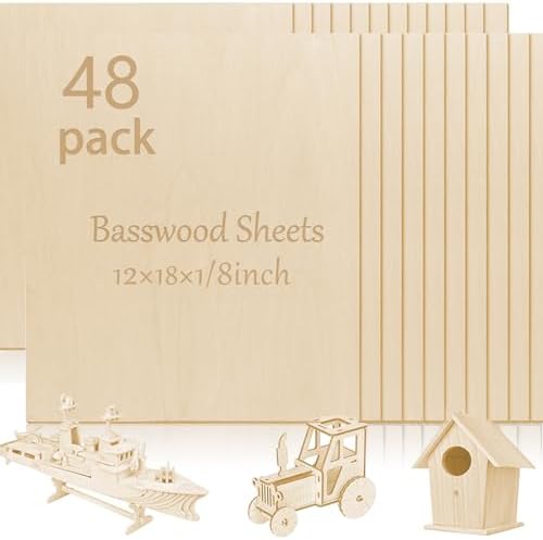 48 Pcs Basswood Sheets Plywood, 12 x 18 x 1/8 Inch - 3mm Thick Unfinished Wood Board for Crafts for Laser Cutting & Engraving, School DIY Projects, Painting, Fretwork, CNC Cutting, and Wood Burning