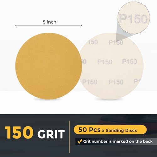 HARFINGTON 50 Pcs 5 Inch Sanding Discs 150 Grit Yellow Aluminum Oxide