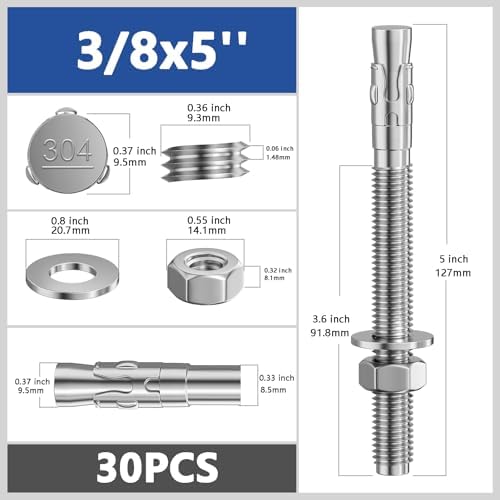 Wensilon 30Pcs 3/8x5 Inch Standard Fasteners for Heavy-Duty 304 Stainless Steel Wedge Anchors for Cement and Concrete