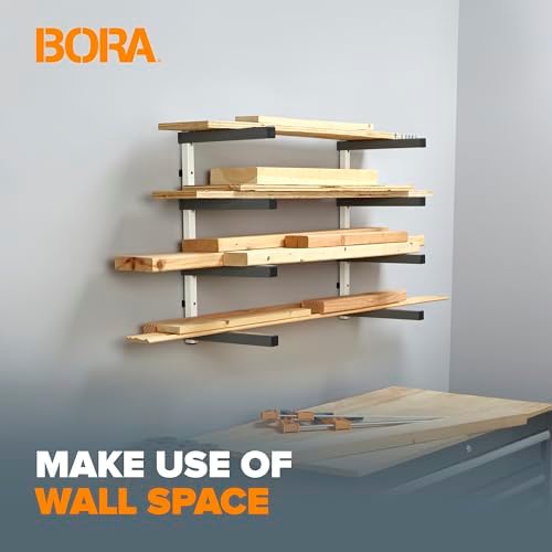 Bora 4-Level Lumber Storage Rack Wood and Garage Organization Space Saving Metal Shelf for Pipes, Boards, Plywood, and Building Materials - PBR-0420 White Gray