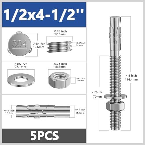 Wensilon 5Pcs 1/2x4-1/2 Inch Standard Fasteners for Heavy-Duty 304 Stainless Steel Wedge Anchors for Cement and Concrete