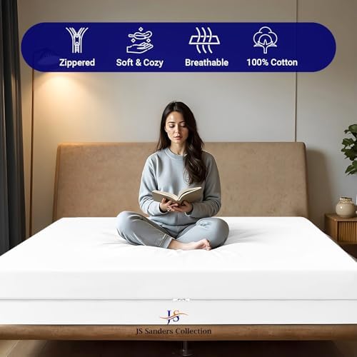 JS Sanders Zippered Mattress Protector Full Size – Soft 100% Egyptian Cotton, 600 Thread Count Deep Pocket Fitted Sheet Encasement Cover for Bed Breathable, 12-16 Inch Fit, White 54x75