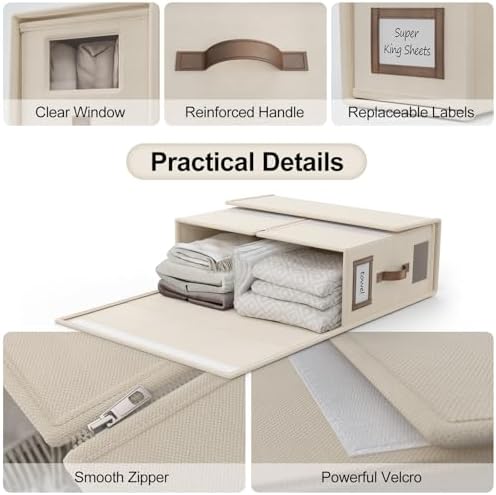 6 Pack Bed Sheets Organizers And Storage,Sheets Set Folder Keeper with Handle,Foldable Bedding Storage Box For Linen Closet,Duvet Cover(Cal King Size-5.2 Gal,Beige)
