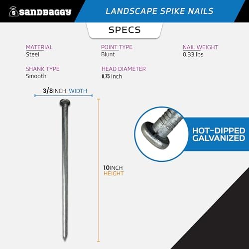 Sandbaggy 3/8" x 10" Landscape Spike Nails - Galvanized Timber Spikes - Construction, Landscape Edging, Framing, Landscape Fabric (3/8" x 10" (Galvanized), 20)
