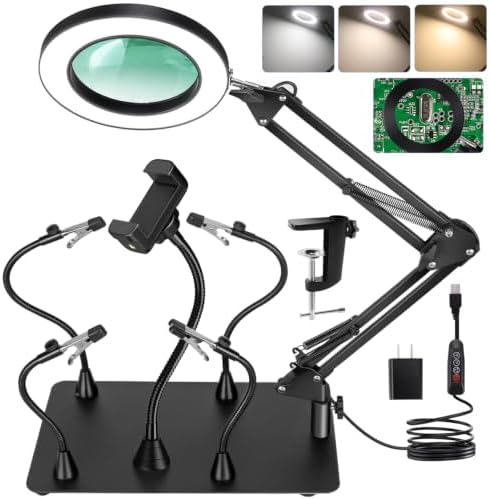Helping Hands Soldering Station, 12X Magnifying Glass with Light with Phone Holder, 4 Magnetic Third Hand Soldering Tool, PCB Holder Magnifier Desk Lamp for Soldering Repair Jewelry Crafts