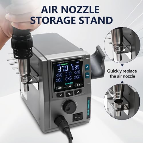 SUGON 2026 Hot Air Rework Station 700W, Standard/Curve heating mode, 4 Air Nozzle, 3 Memory storage, Sleep mode, ℃ / ℉,212℉-932℉, SMD Hot Air Station with Replace Air Nozzle Bracket