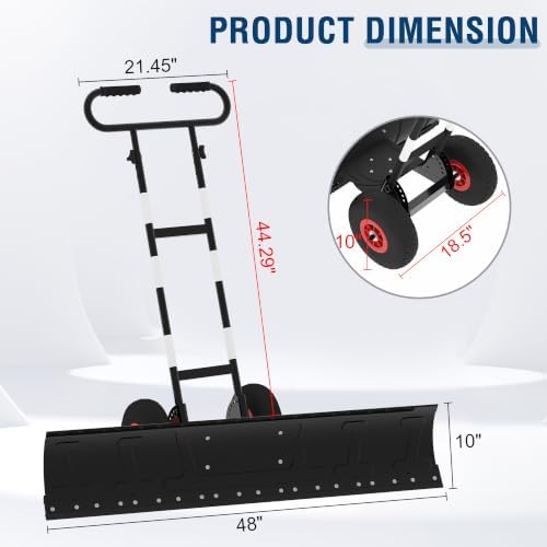 48-Inch Wheeled Snow Shovel, Galvanized Steel Snow Pusher with Wheels
