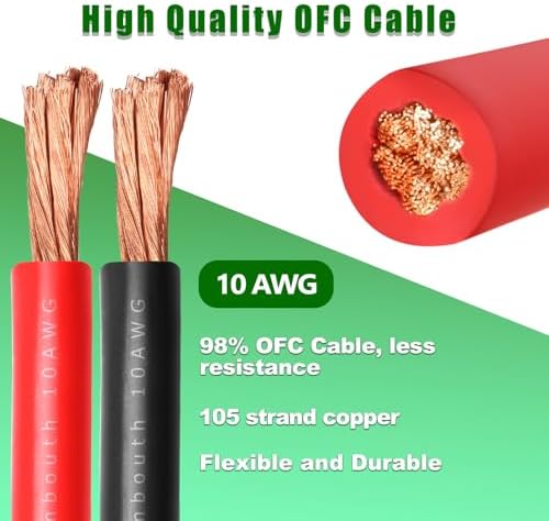 10 Gauge Battery Cable Copper Wire, 20FT Red + 20FT Black