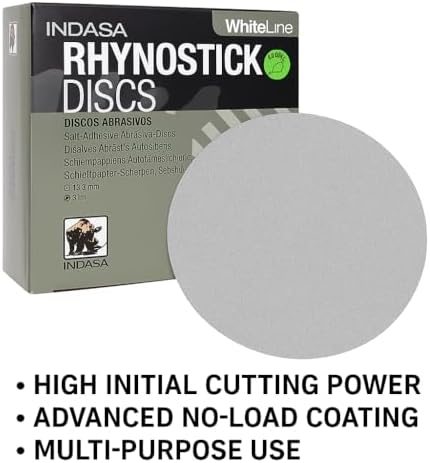 Indasa 5" Rhynostick White Line PSA Sanding Discs – 50 Series, Aluminum Oxide, No-Clog, Easy Release Tabs, 36-600 Grit, for Wood, Drywall & Auto Body Sanding. (5 Inch Sticky Bacj, 40, Coarse)