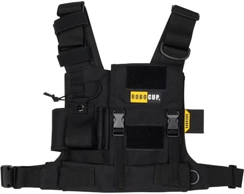 ROBOCUP Radio Chest Harness Vest - Adjustable Utility Organizer with Silent Buckle Closure - Full-Size Ham Radio Pouch, Secure Fit, Work Gear with D-Ring, Reflective Safety Stripes, Hook & Loop Patch
