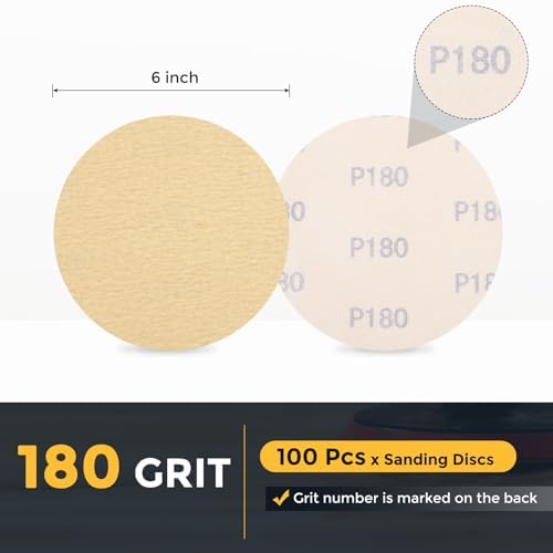 HARFINGTON 100 Pcs 6 Inch Sanding Discs 180 Grit Yellow Aluminum Oxide