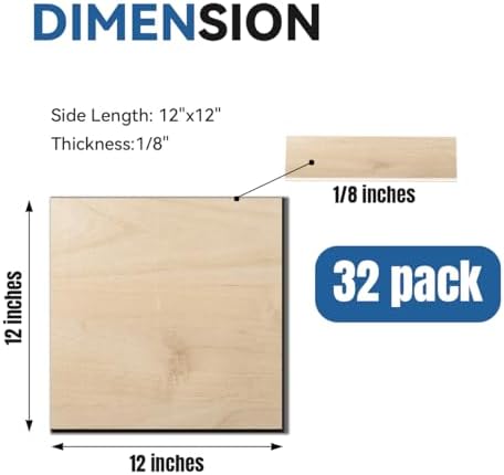 32Pack Basswood Sheets for Craft, 12×12×1/8 Inches Thick Plywood Sheet Unfinished Wood for Laser Cutting Wood Board for DIY Projects