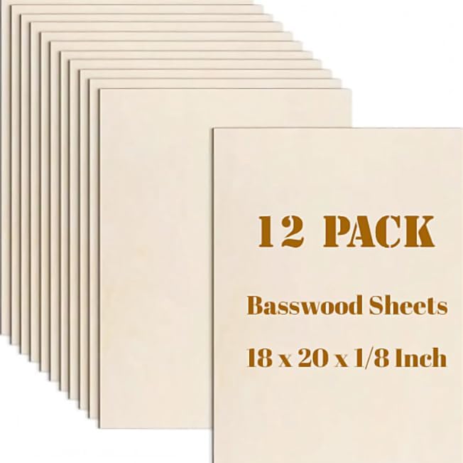 12 Pack Basswood Sheets Plywood Board 18 x 20 x 1/8 Inch - Unfinished Wood Boards with Smooth Surfaces for Crafts, Laser Cutting and Engraving, CNC Cutting, DIY Architectural Models