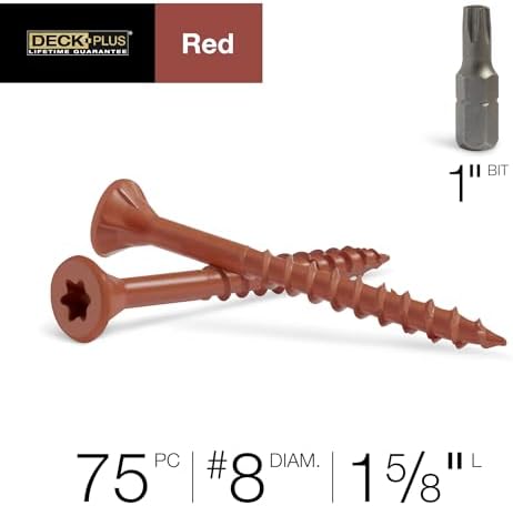 Deck Plus 1-5/8 Inch Epoxy Coated Exterior Wood and Fence Screws #8 x 1-5/8" Torx/Star Drive Included Coarse Thread, Outdoor Rust Resistant Decking Screw, Red, 75 Pieces | 42597