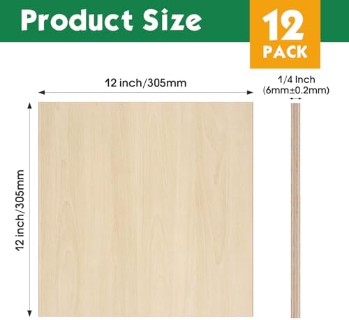 12 Pack Basswood Sheets 1/4x12x12 Inch, 6mm Basswood for Laser Cutting and Engraving, 1/4 Plywood Boards for Crafts,Wood Burning,Architectural Models, Painting.