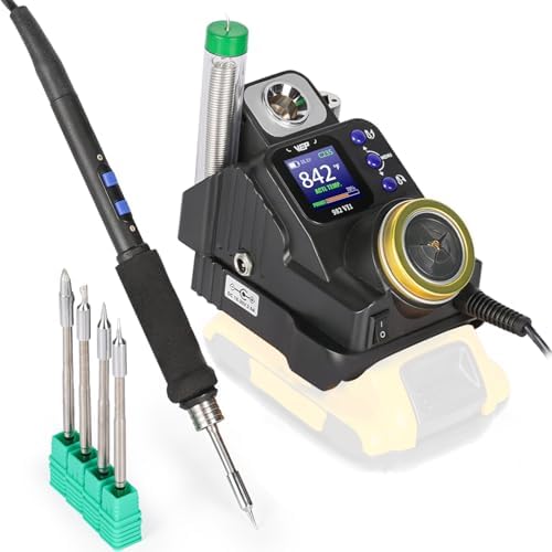 WEP 982-VI 1 Cordless Soldering Station for Dewalt 20V Battery Soldering Iron Kit with Integrated Holder, Tips Cleaner, °C-°F Conversion, Sleep Mode, 5 C235 Compatible Tips, 0.8mm Solder Wire
