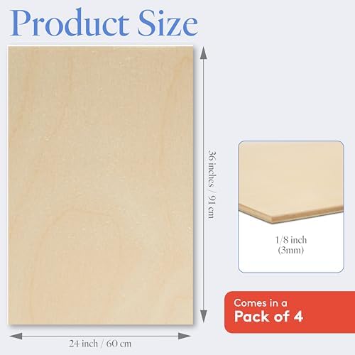 Baltic Birch Plywood 24 x 36 x 1/8 Inch - 3 mm Craft Wood, Pack of 4 B/BB Grade, Stronger Than Basswood Sheets or Balsa Wood, Perfect for Laser, CNC Cutting, Wood Burning, by Woodpeckers