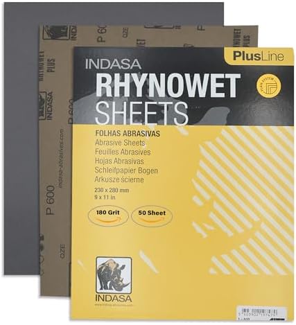 Indasa 50 PCS 9x11” Rhynowet Wet & Dry Sandpaper Sheets, 180 GRIT, Clog-Resistant Abrasive for Wood, Metal, Auto, Paint & Clear Coat Finishing, Sand Paper, Aluminum Oxide, Plusline