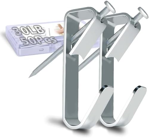 Picture Hangers, Extra Thick, 30 lb, for Decorative Drywall & Plaster Walls - Small Nails for Painting, Frame Hooks to Hang for Hanging, 50 pcs, Silver