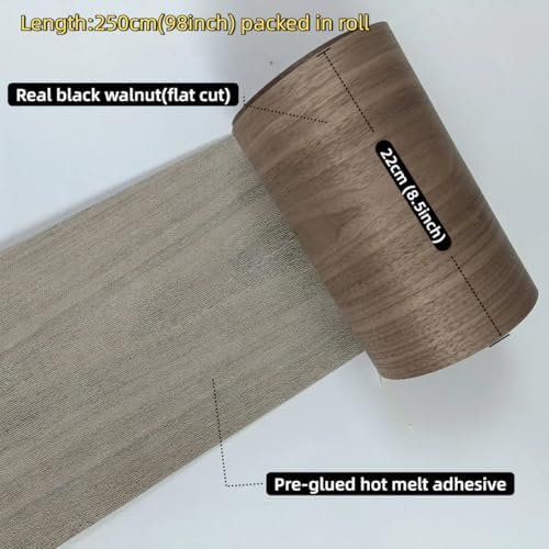 Black Walnut Wood Veneer Sheet,Flat Cut,8.5''x 98'',Iron On Stick Veneer Roll Without Paper,Pre-glued Hot Melt Self Adhesive Walnut Tape for Cabinet Furniture Plywood Laminate Speaker Renovation