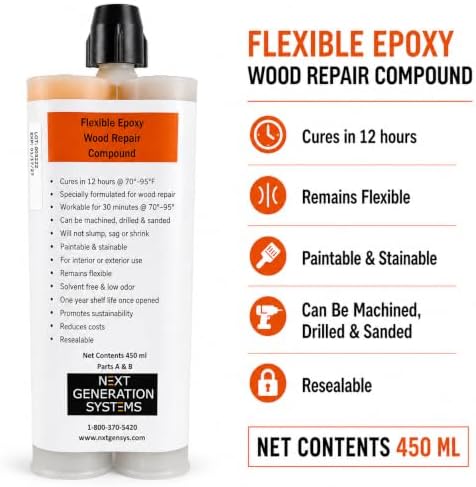 Flexible Epoxy Wood Filler & Putty, 450ml Dual Cartridge, Warm