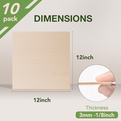 10 Pack Maple Plywood Sheets, 12 x 12 x 1/8 Inch, 3mm Plywood for Laser Cutting, Thin Unfinished Wood Sheets for Architectural Models, Wood Burning and DIY Wood Crafts