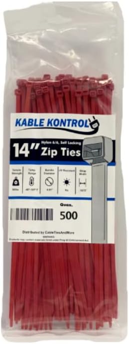 Kable Kontrol Cable Zip Ties, 14 Inch, 500 Pcs, 50lbs Test, Red | Nylon Plastic, Self Locking, UL Listed, Indoor Use