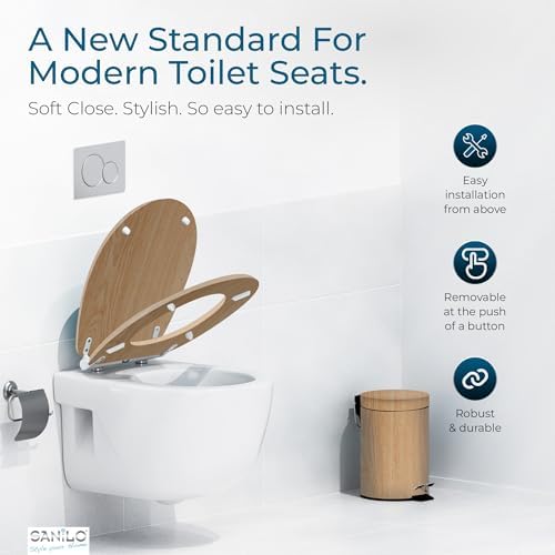 Sanilo Wooden Toilet Seat with Quick Release & Soft Close [ROUND] - Decorative & Slow Close Molded Wood Seat - With One Click for Easy Installation & Cleaning - With Adjustable Fit (Wood)