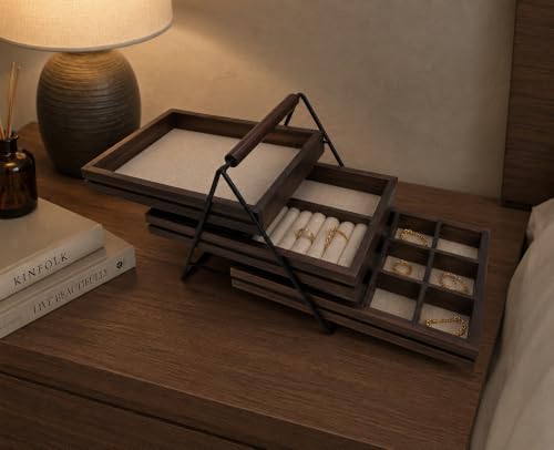 3 Tiered Wood Jewelry Organizer Tray- Walnut Finish Jewelry Storage Organizer for Rings, Watches, Bracelets, Earrings, Necklaces, and Accessories