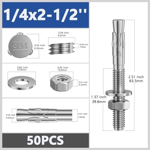 Wensilon 50Pcs 1/4x2-1/2 Inch Standard Fasteners for Heavy-Duty 304 Stainless Steel Wedge Anchors for Cement and Concrete
