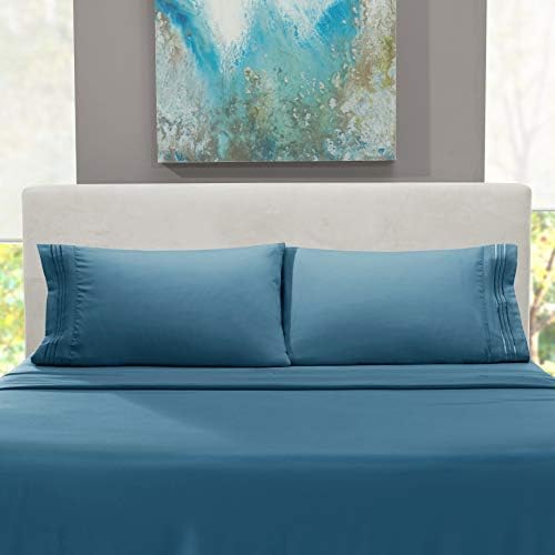 Hearth & Harbor Queen Size Sheets - 4 Piece Bed Sheet Set, Hotel Luxury Double Brushed Bed Sheets - Extra Soft Bedding Sheets & Pillowcases, Queen, Blue Heaven