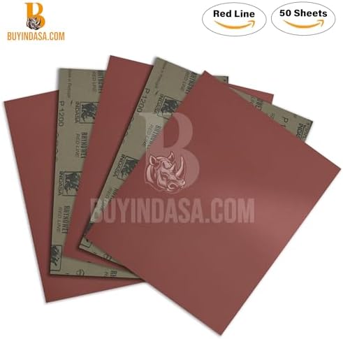 INDASA Rhynowet Red Line Wet Dry Sanding Sheets 9 x 11 Inch 120 Grit Waterproof Latex Backing Abrasive Paper for Wood Metal Automotive Surface Prep Pack of 50