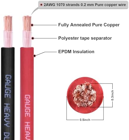 2 Gauge Battery Cable, 10FT Red + 10FT Black 2 AWG Pure Copper Wire Welding Cable, for Automotive, Battery, Solar and Generator, Standard USA OFC Wire