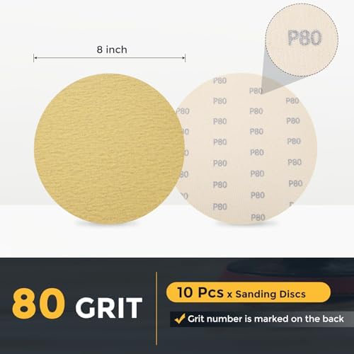 HARFINGTON 10 Pcs 8 Inch Sanding Discs 80 Grit Yellow Aluminum Oxide