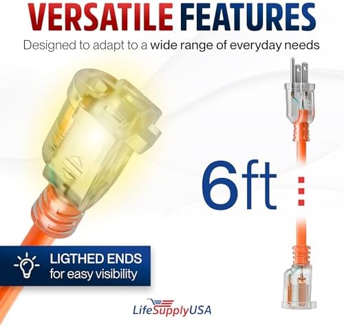 6ft Outdoor/Indoor Extension Cord 12/3 Gauge Extra Heavy Duty 3 Prong SJTW, Waterproof, Flexible Cold-Resistant Long Power Cord,15A 125V 1875W, Orange by LifeSupplyUSA