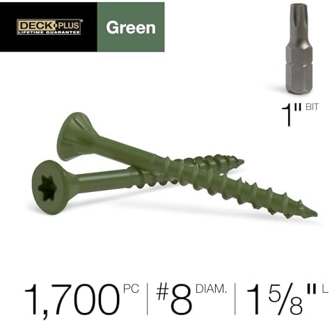 Deck Plus 1-5/8 Inch Epoxy Coated Exterior Wood and Fence Screws #8 x 1-5/8" Torx/Star Drive Included Coarse Thread, Outdoor Rust Resistant Decking Screw, Green, Keg, 1700 Pieces | 49318