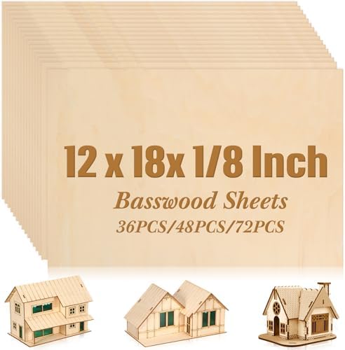 Riakrum Basswood Sheets Plywood Board Unfinished Wood Boards for Crafts for DIY Laser Projects Architectural Mini House Building Hobby Model Making (12 x 18 x 1/8 Inch,36)